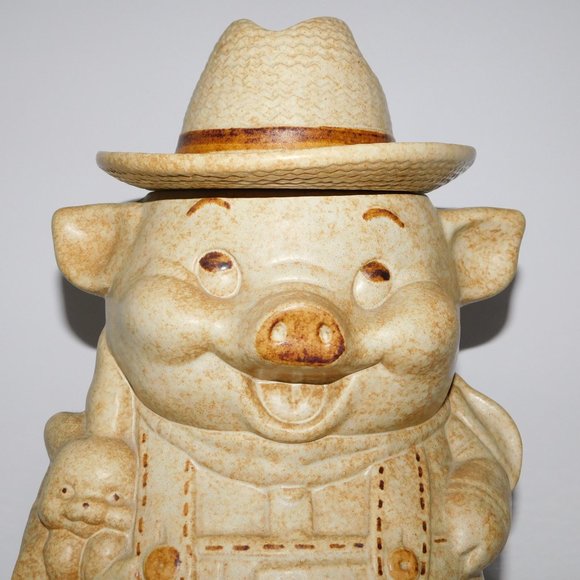 Vintage 60sTreasure Craft 12" Ceramic Farmer Pig Cookie Jar Tan Brown - Picture 2 of 14